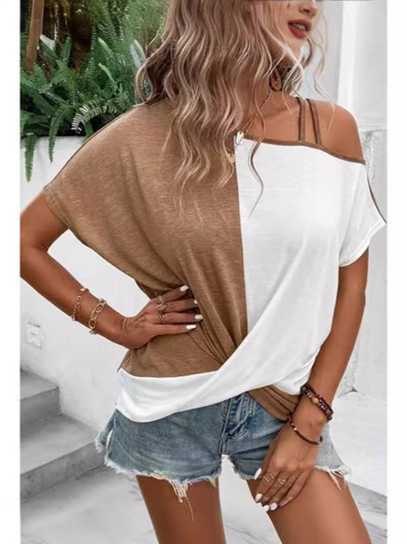 Dam T-shirt – Avslappnad Passform – Off Shoulder med Axelband – Cotton – Colorblock
