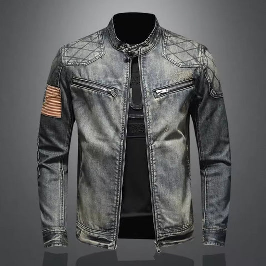 Herr Jeansjacka – Slim Fit – Quiltade Axlar – Ståkrage med Dragkedja – Ledig Stil