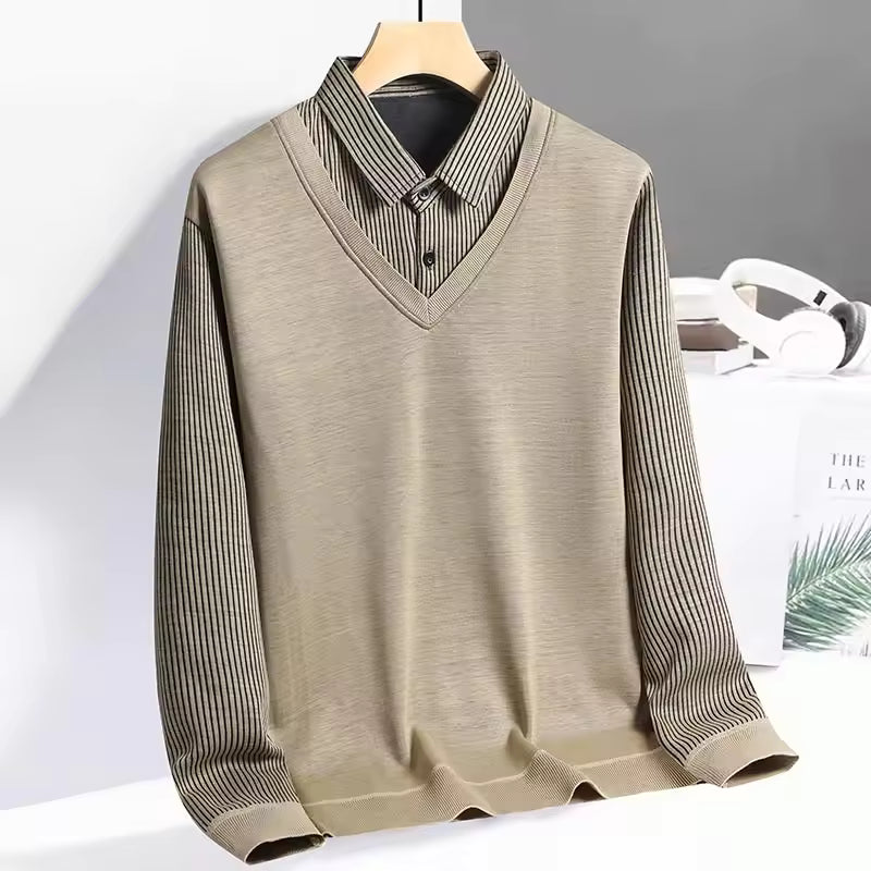 Herr Tröja med Krage – Regular Fit – Lång ärm – Stickad – Skiktad Skjortlook
