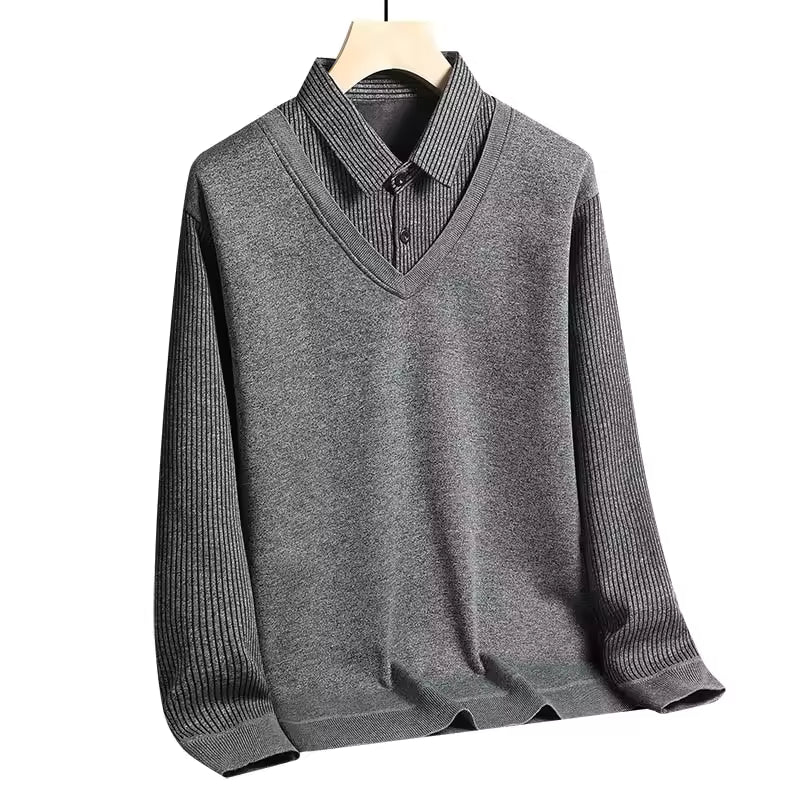 Herr Tröja med Krage – Regular Fit – Lång ärm – Stickad – Skiktad Skjortlook