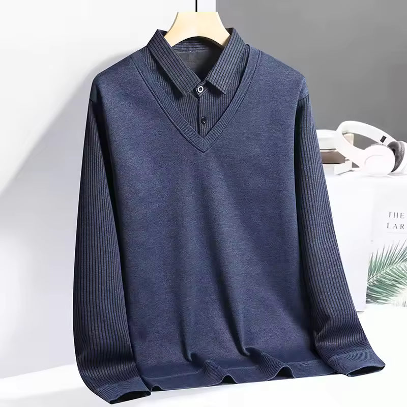 Herr Tröja med Krage – Regular Fit – Lång ärm – Stickad – Skiktad Skjortlook