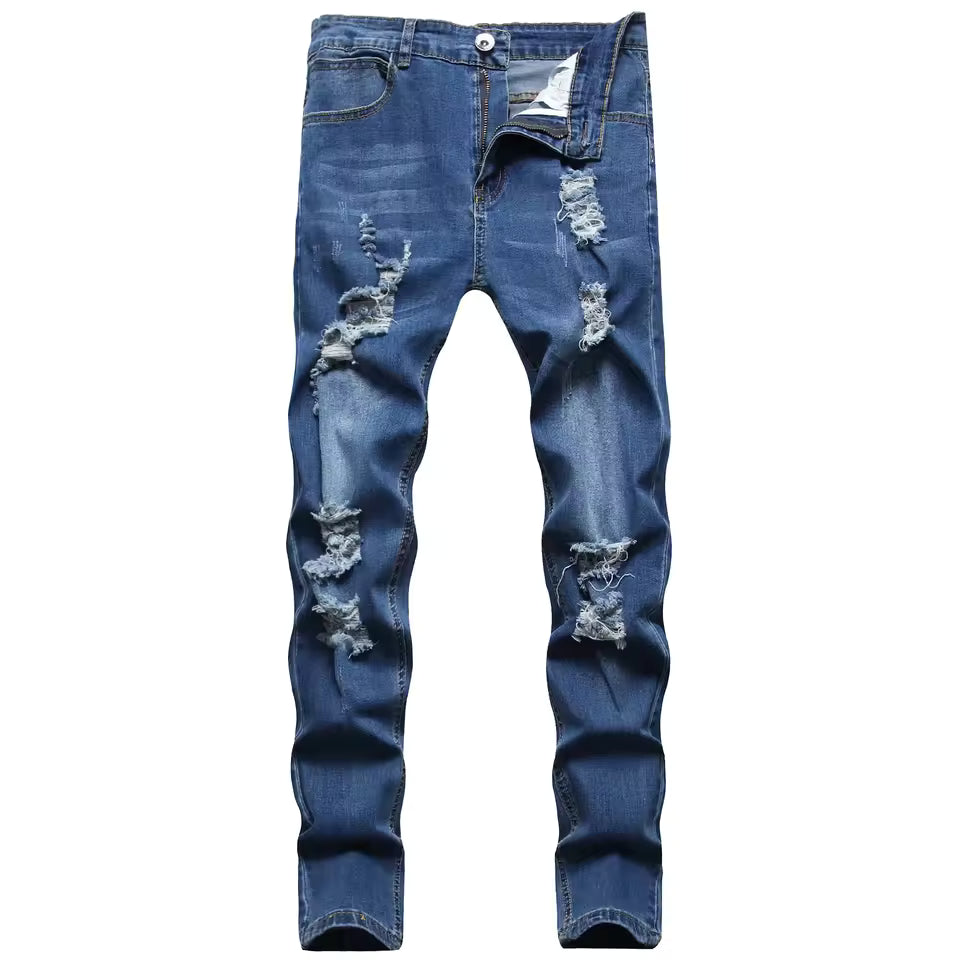 Herrjeans – Slim Fit – Distressad Denim – Ankellängd – Dragkedjegylf Casualstyle