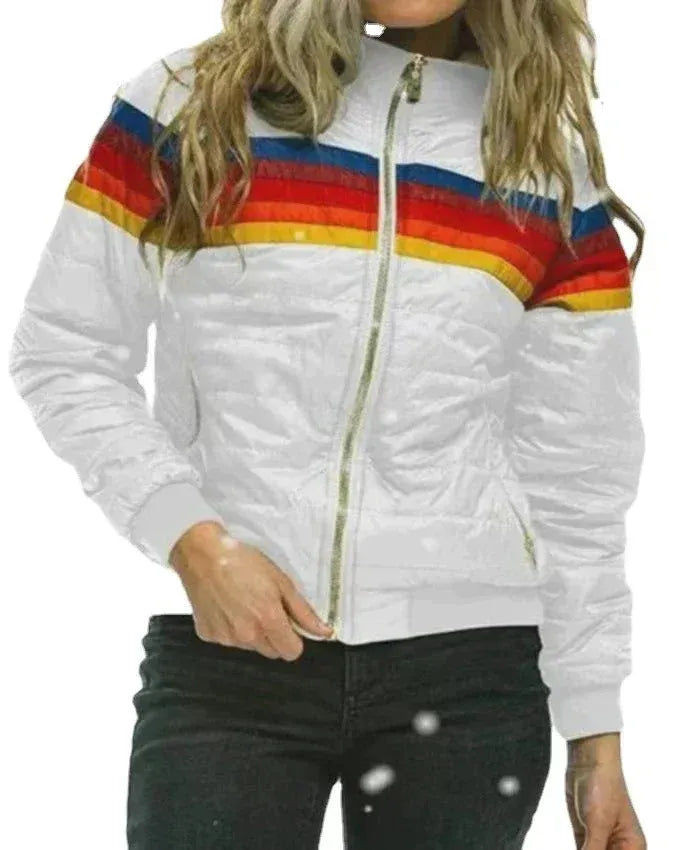 Dam Pufferjacka – Quiltad Isolering – Slim Fit – Hög Krage – Kort Modell – Randig Design