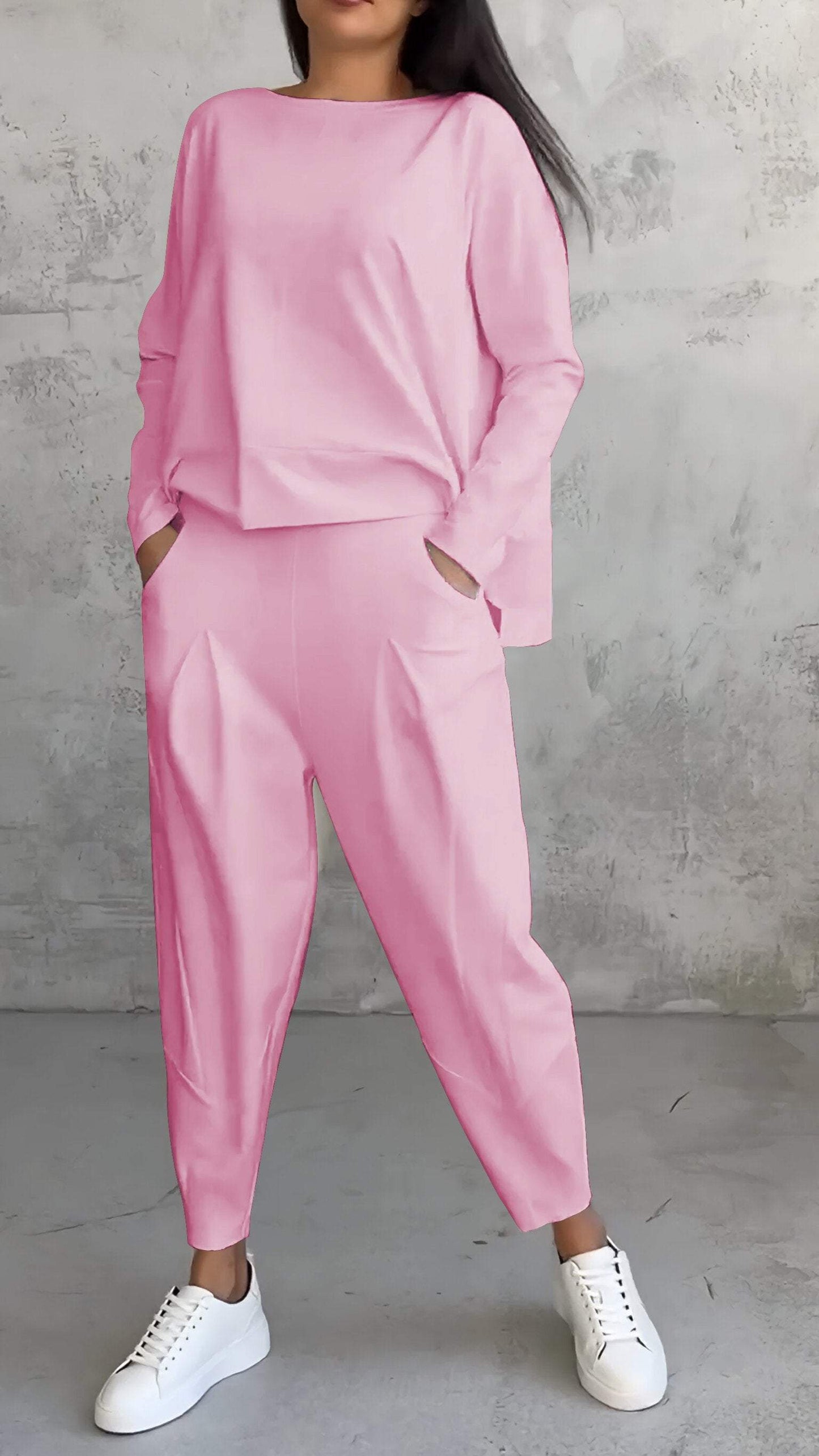 Dam Lounge Set – Oversized Topp – Raka Byxor – Mjuk Stickad Kvalitet
