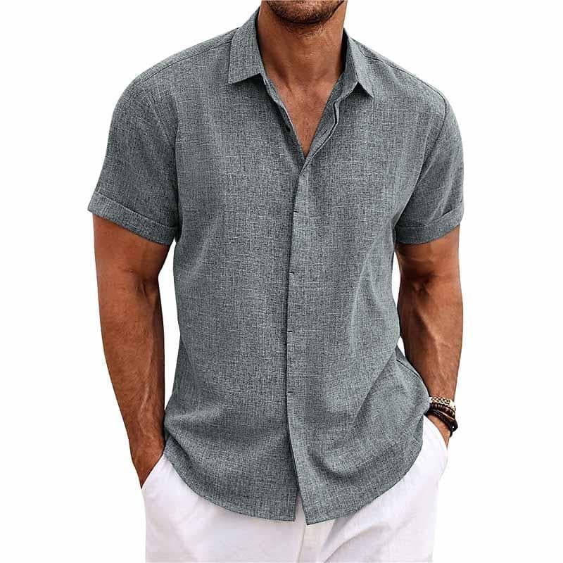 Men’s Short Sleeve Linen Button-Up Shirt with Relaxed Fit