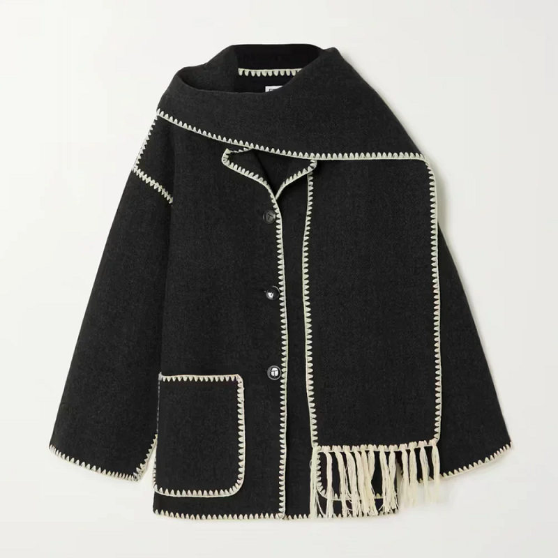 Kvinnors Cape Kappa - Elegant Lös Passform - Knäppning & Fickor - Scarf med Franskant