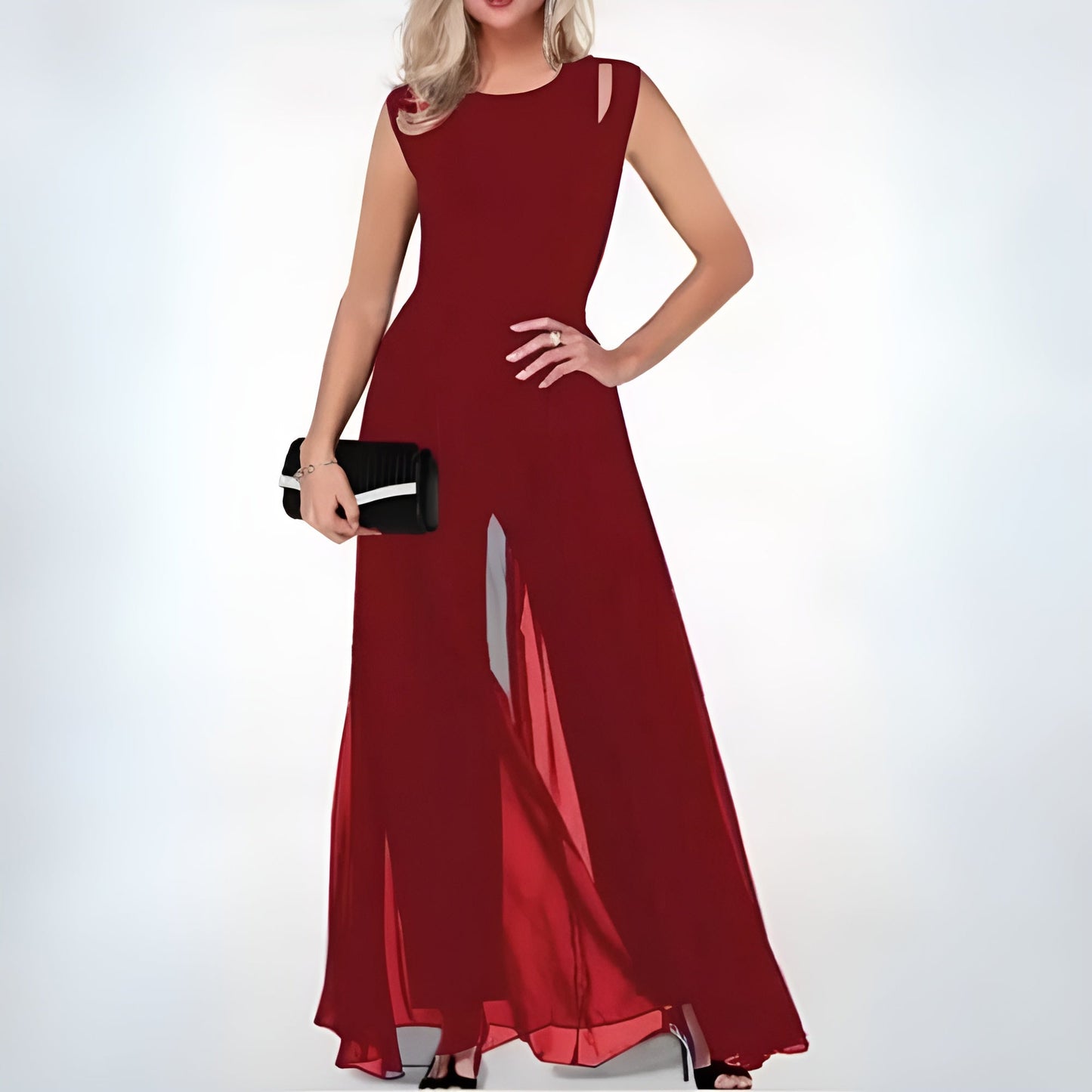 Dam Jumpsuit - Ärmös - Utskuren Detalj - Vida Ben - Maxi Overlay - Elegant Festdräkt