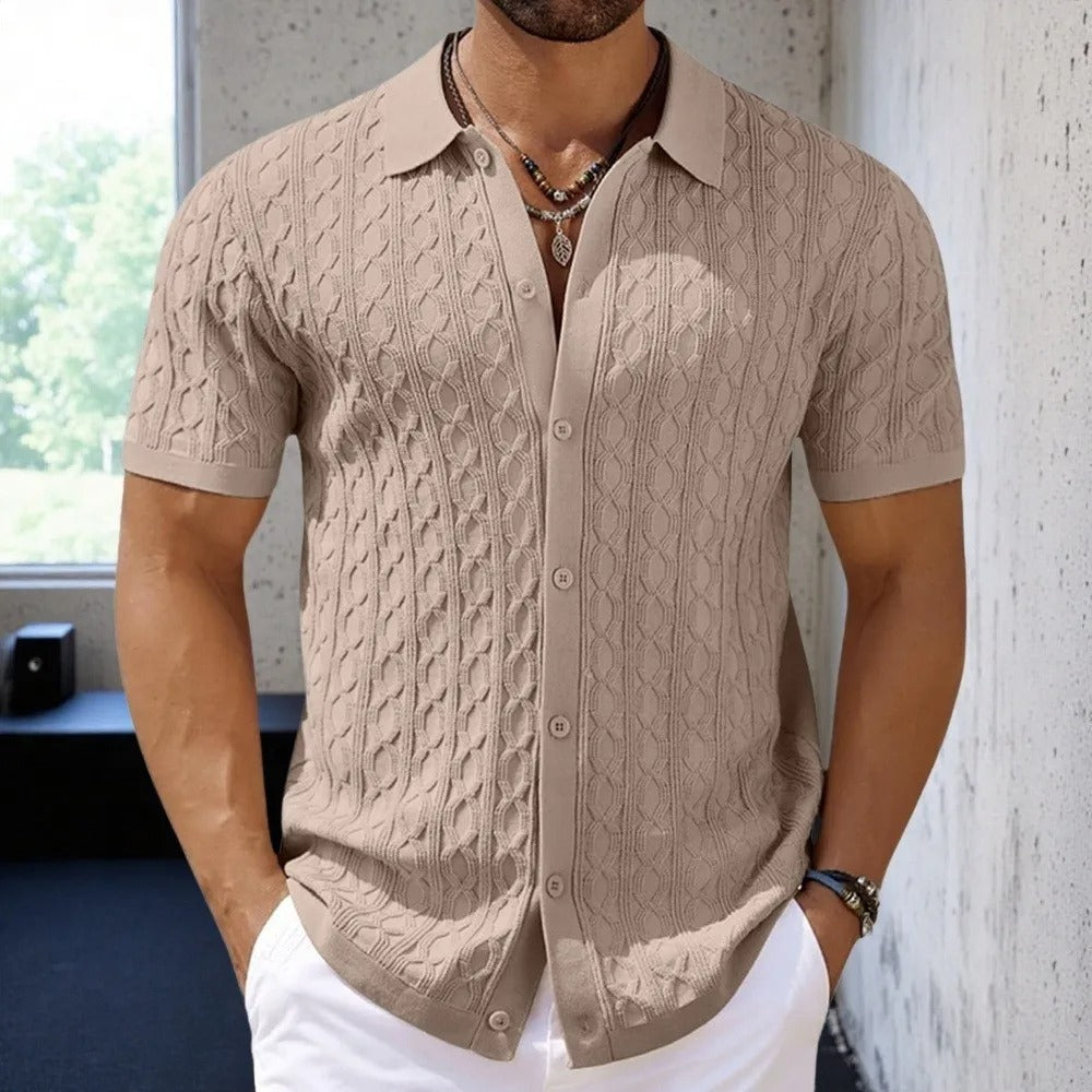 Herr Pikétröja – Slim Fit – Jacquardstickad Struktur – Kort Ärm – Knäppning Fram