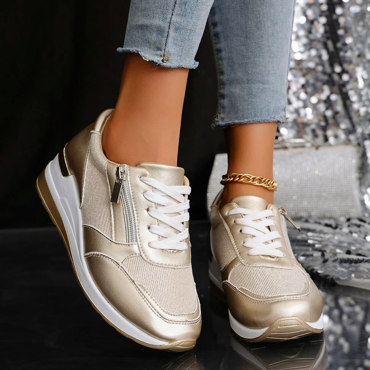 Dam sneakers – ergonomisk passform – andningsbart material – snörning & dragkedja