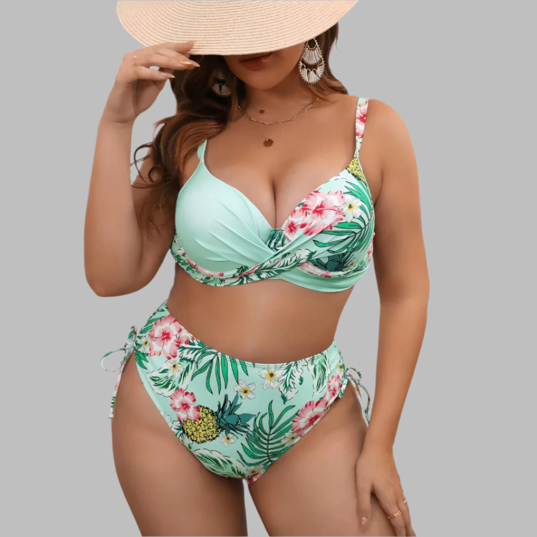 Dam Bikini Set – Twistfront Top – Hög Midja – Justerbara Band – Tropiskt Mönster