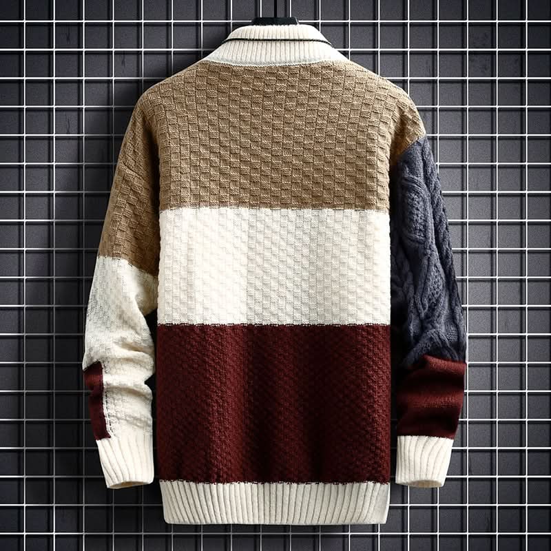 Herr Stickad Tröja - Patchwork Design - Hög Krage - Kabelstickad & Waffle Knit
