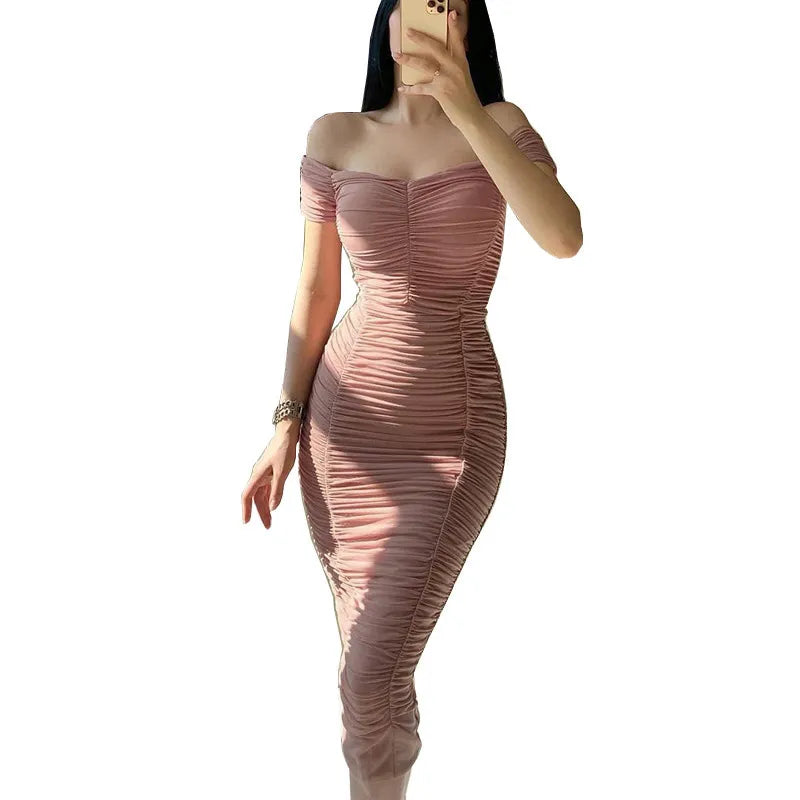 Plisserad bodycon-klänning med bara axlar för kvinnor - Elegant aftonklänning