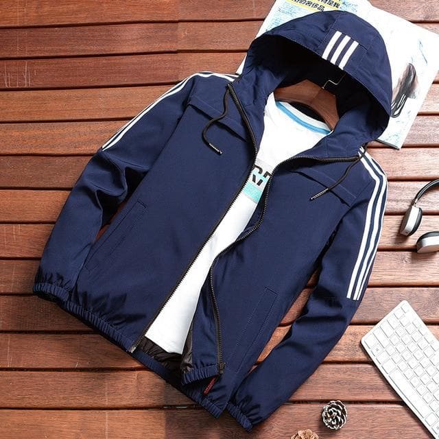 Herr Hoodie Jacka - Dragkedja & Huva - Sportig Randig Design - Lätt & Vindavvisande