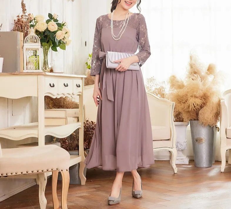 Elegant damklänning - Spetsärmdetalj - Midjeband - Midilängd