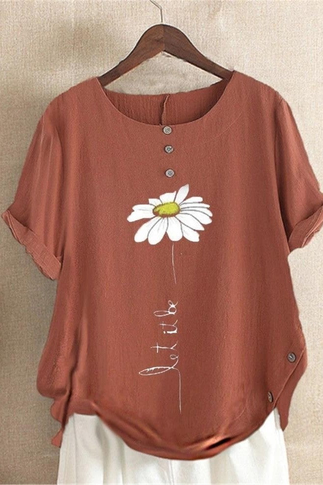 Dam T-shirt – Avslappnad Passform – Rund Hals – Andningsbart Tyg – Blomtryck