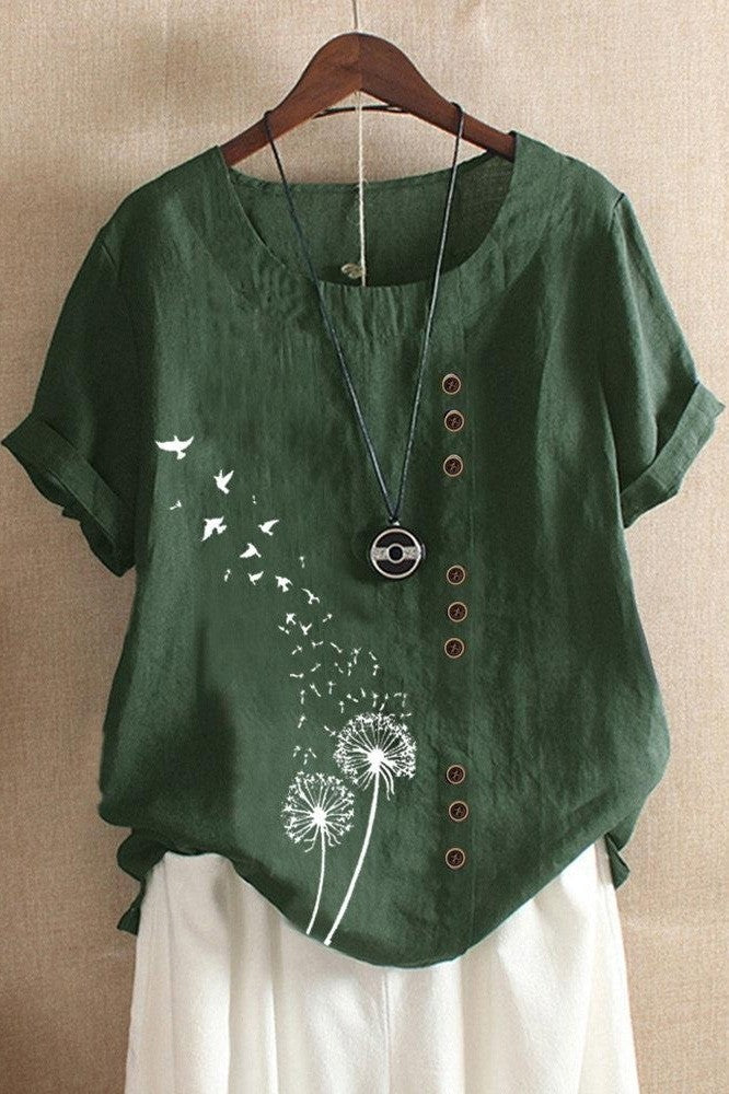 Dam T-shirt – Avslappnad Passform – O-ringning – Knappar – Naturmotiv – Kort Ärm