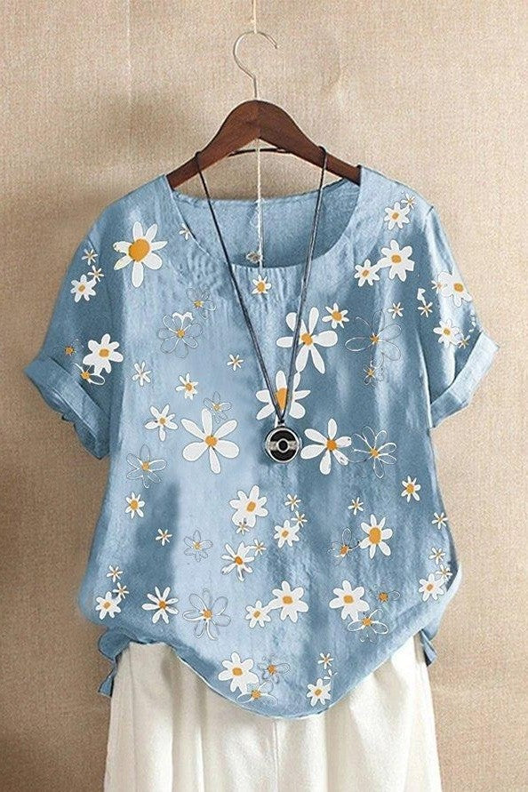 Dam T-shirt – Avslappnad Passform – Blommigt Mönster – Mjukstickad – Kort Ärm