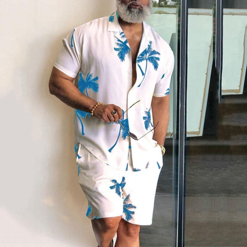Herr Set – Kortärmad Skjorta & Shorts – Tropiskt Mönster – Avslappnad Passform – Somrig Look