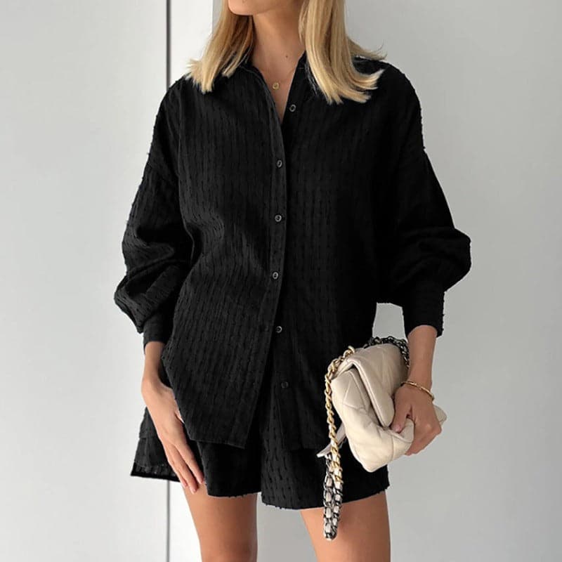 Dam Set – Tvådelat Set med Skjorta & Shorts – Avslappnad Passform – Knappdetaljer