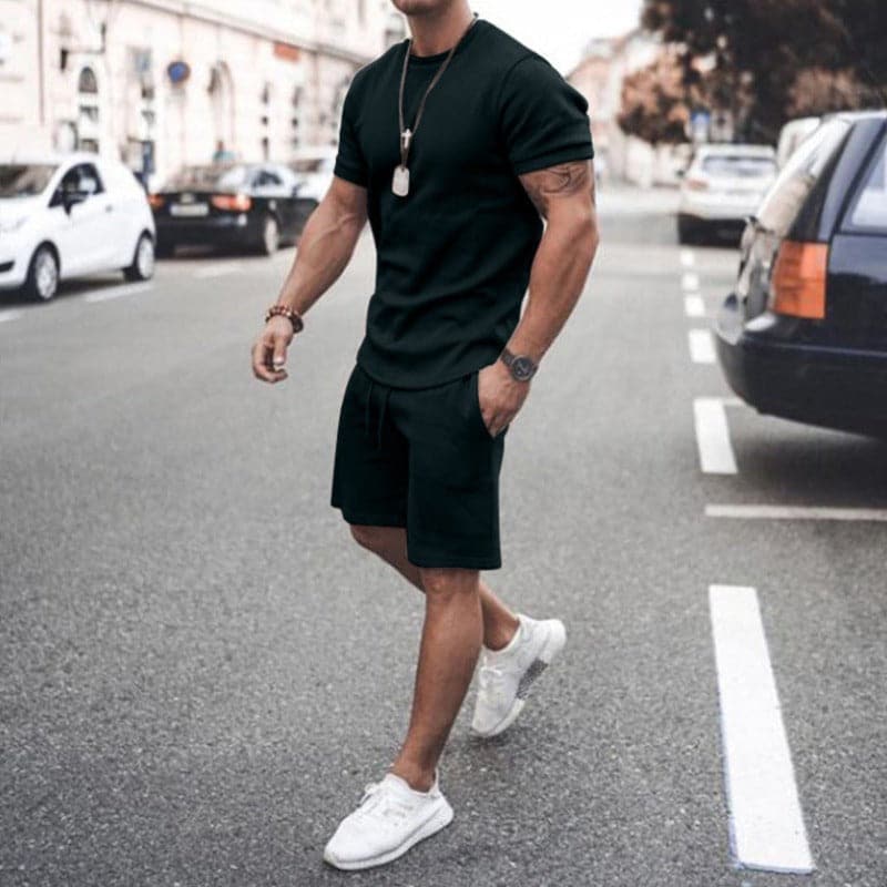 Herr Träningsset – T-shirt & Shorts – Slim Fit – Andningsbart Bomull – Bekväm Passform