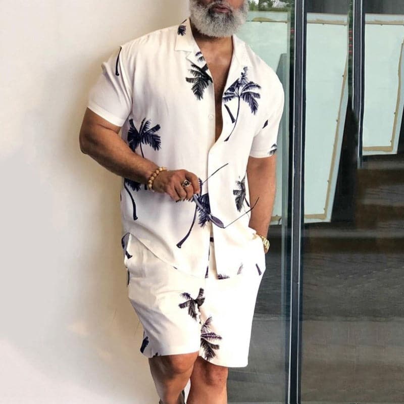 Herr Set – Kortärmad Skjorta & Shorts – Tropiskt Mönster – Avslappnad Passform – Somrig Look