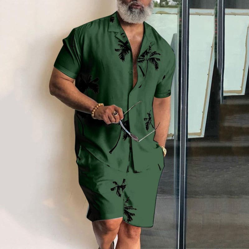 Herr Set – Kortärmad Skjorta & Shorts – Tropiskt Mönster – Avslappnad Passform – Somrig Look