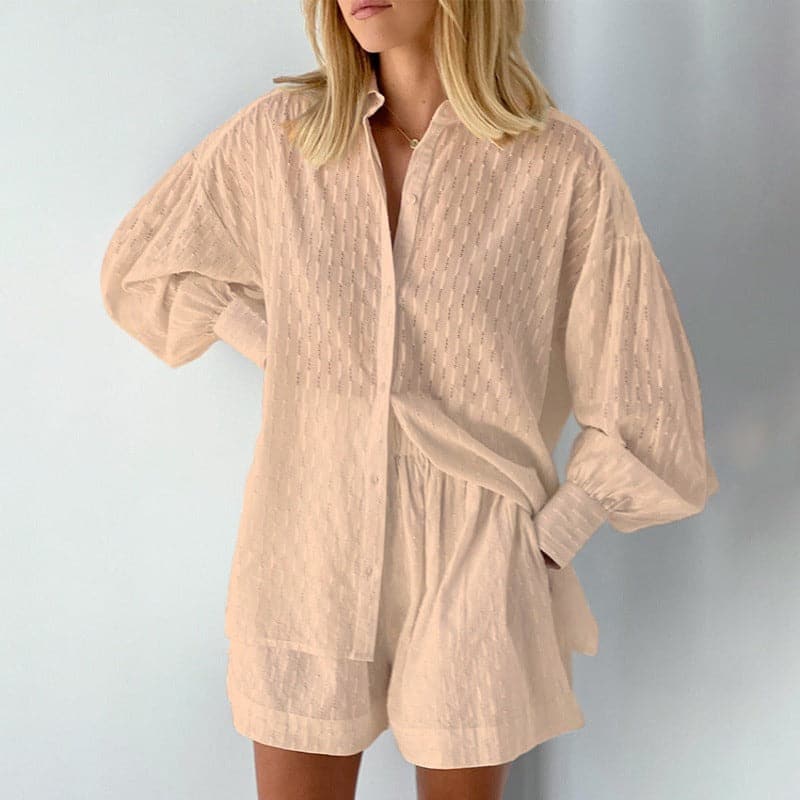 Dam Set – Tvådelat Set med Skjorta & Shorts – Avslappnad Passform – Knappdetaljer