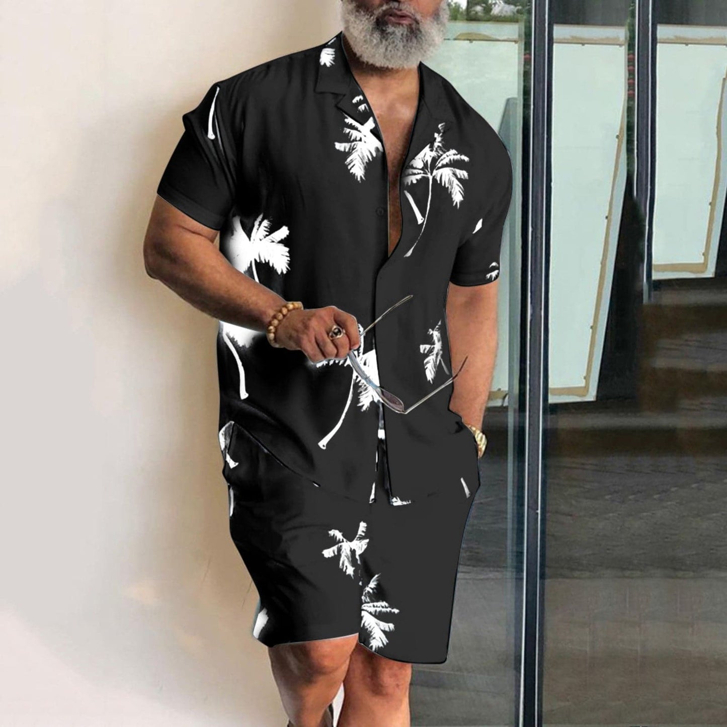 Herr Set – Kortärmad Skjorta & Shorts – Tropiskt Mönster – Avslappnad Passform – Somrig Look