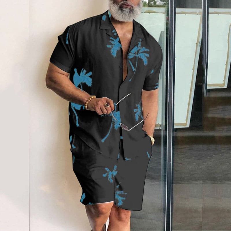 Herr Set – Kortärmad Skjorta & Shorts – Tropiskt Mönster – Avslappnad Passform – Somrig Look