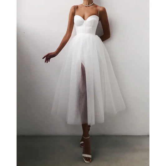 Elegant tyllklänning för kvinnor - Korsetttopp - Spaghettiband - A-linjeformad midiklänning