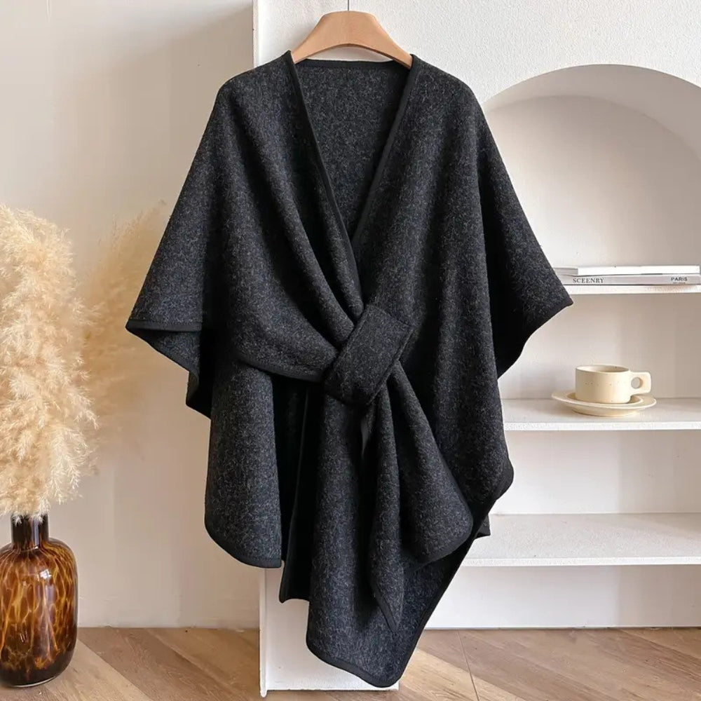 Dam Poncho Kappa – Ull – Avslappnad Passform – Midjebälte – Draperad Design