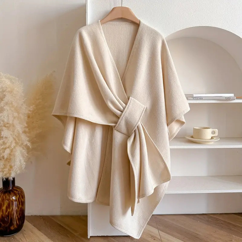 Dam Poncho Kappa – Ull – Avslappnad Passform – Midjebälte – Draperad Design