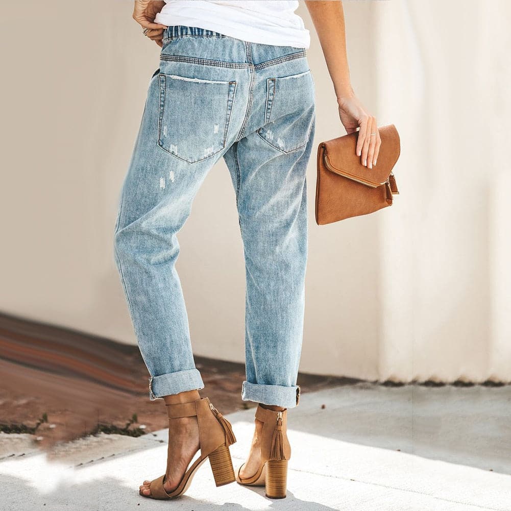 Dam Jeansjoggers - Denim - Avslappnad Passform - Resårmidja med Dragsko - Distressed