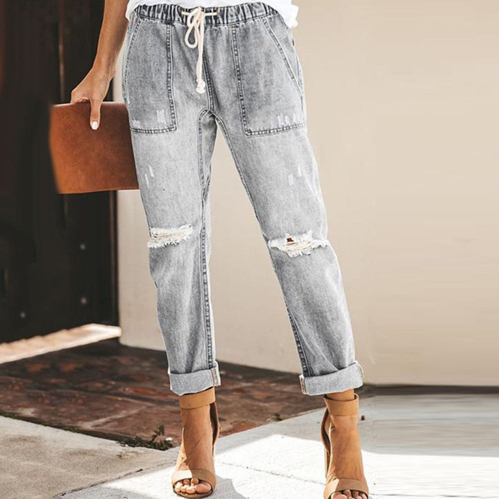 Dam Jeansjoggers - Denim - Avslappnad Passform - Resårmidja med Dragsko - Distressed