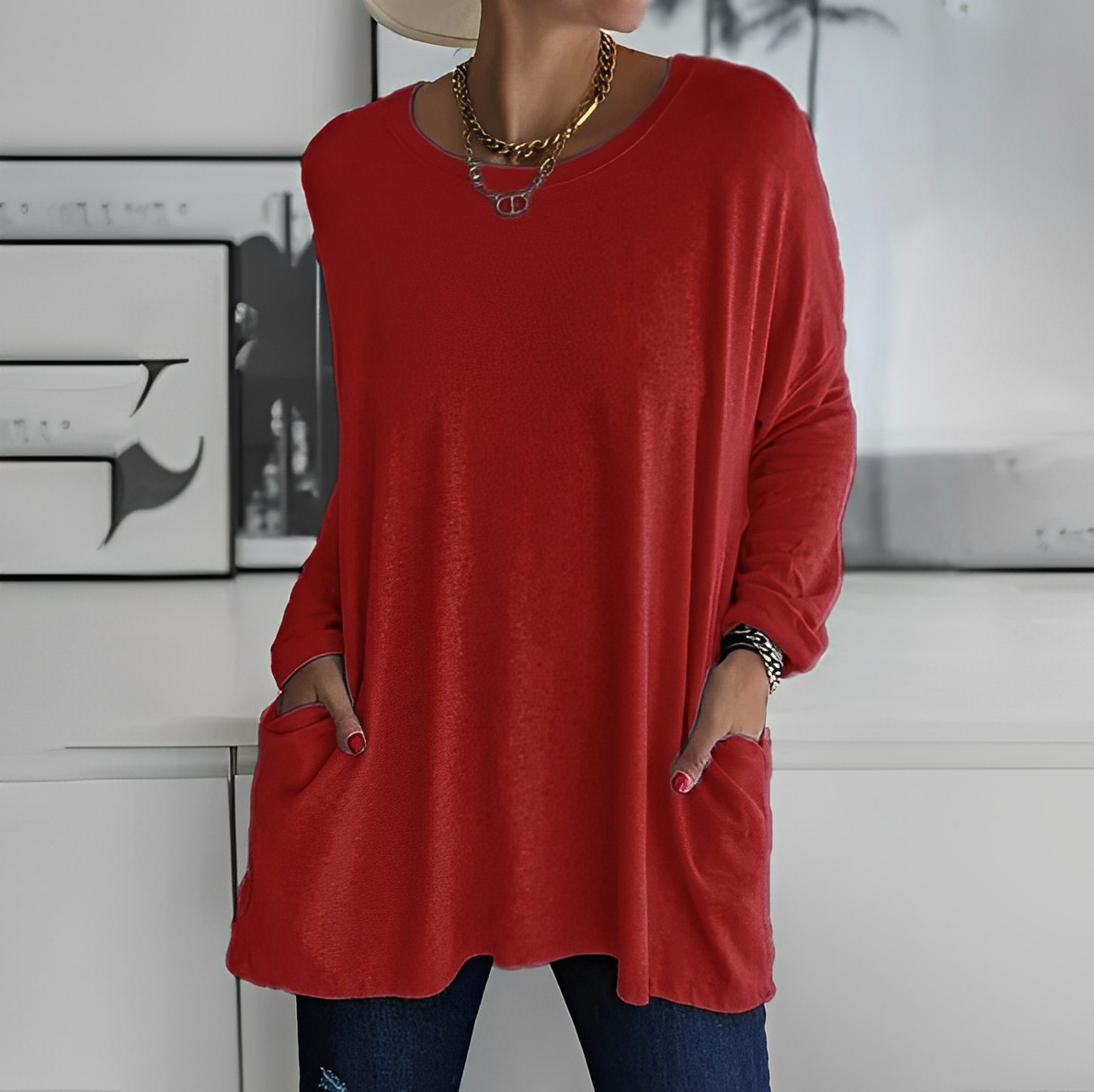 Dam Blus - Oversized Passform - Långärmad med Rund Hals - Bekväm och Andas