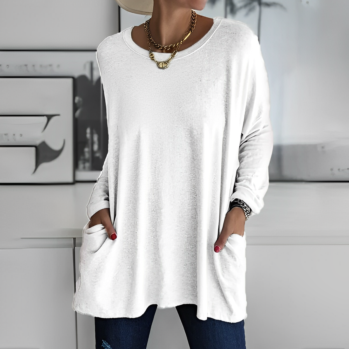 Dam Blus - Oversized Passform - Långärmad med Rund Hals - Bekväm och Andas