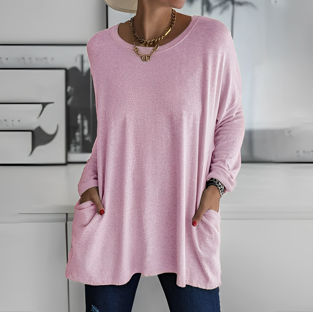 Dam Blus - Oversized Passform - Långärmad med Rund Hals - Bekväm och Andas