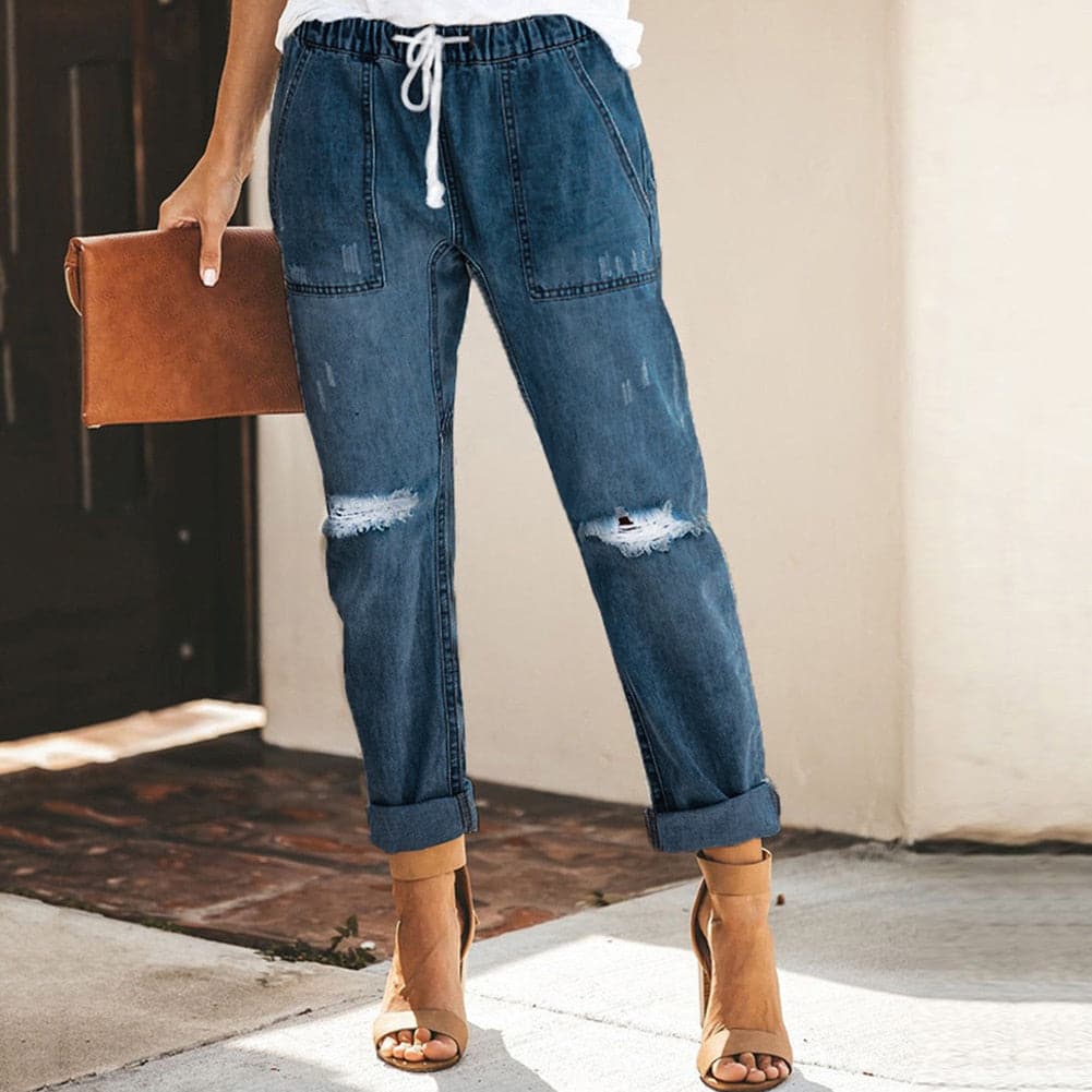 Dam Jeansjoggers - Denim - Avslappnad Passform - Resårmidja med Dragsko - Distressed