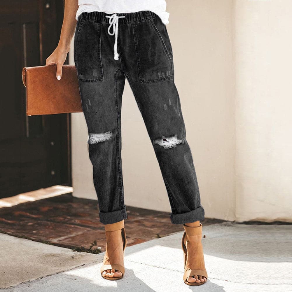 Dam Jeansjoggers - Denim - Avslappnad Passform - Resårmidja med Dragsko - Distressed