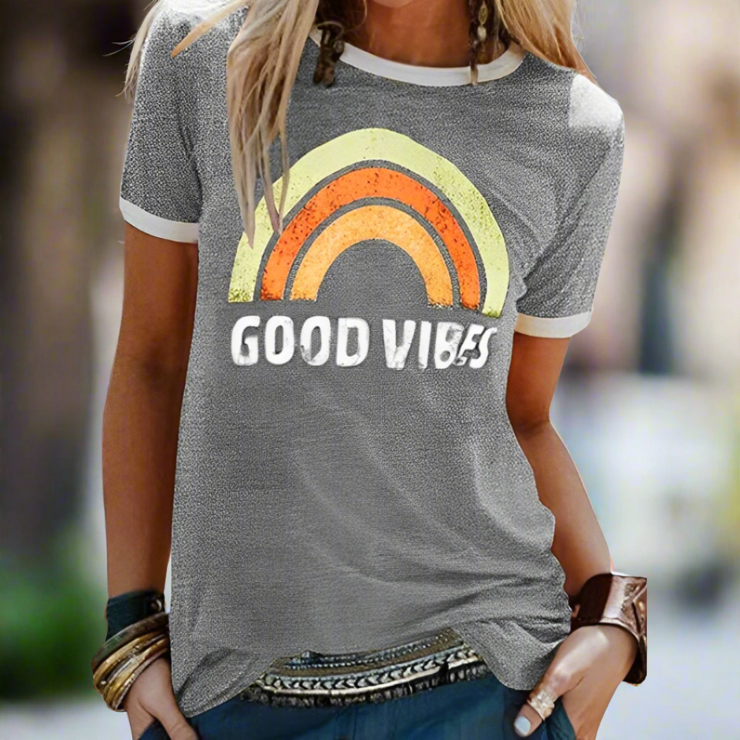 Dam T-shirt – Mjuk Bomull – Relaxed Fit – Rund Hals – Kortärmad med Kontrastkant