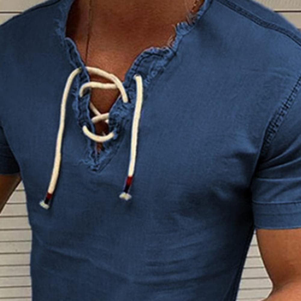 Herr Skjorta - Kortärmad Denimlook - V-ringning med Dragsko - Avslappnad Passform