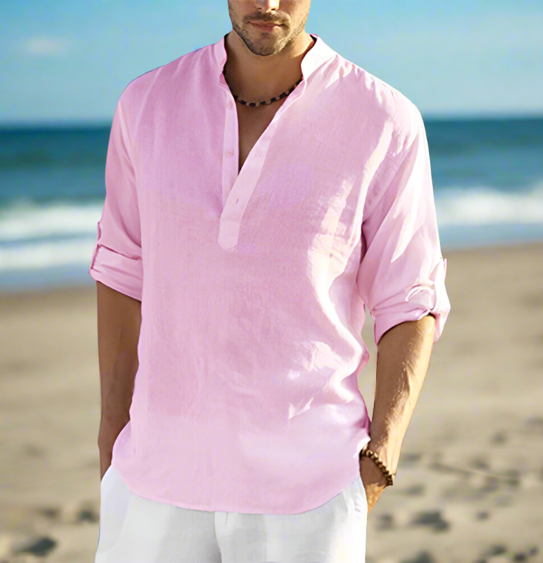 Herrskjorta - Linnebomull - Lös Passform - Mandarin Krage - Långärmad Luftig Design