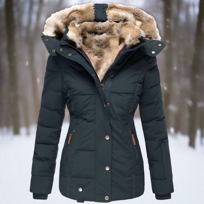 Dam Parkas - Quiltad Design - Fodrad med Fuskpäls - Huva & Dragkedja - Varm & Vindresistent