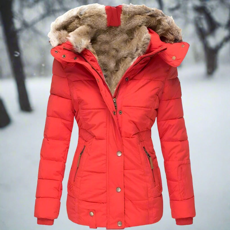 Dam Parkas - Quiltad Design - Fodrad med Fuskpäls - Huva & Dragkedja - Varm & Vindresistent