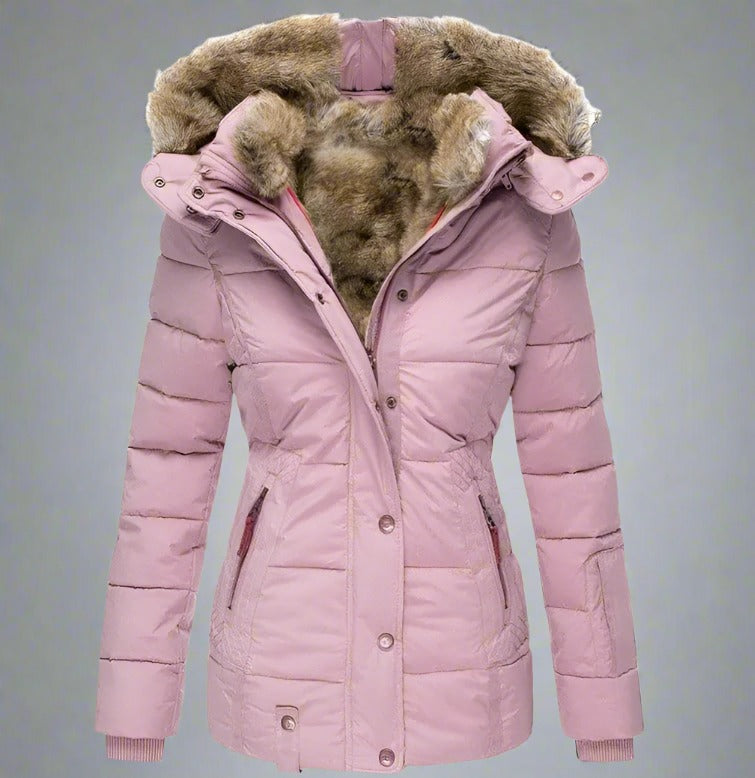 Dam Parkas - Quiltad Design - Fodrad med Fuskpäls - Huva & Dragkedja - Varm & Vindresistent