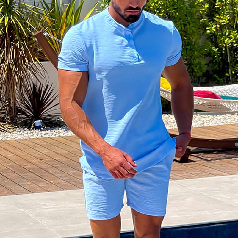 Herr Set – Kortärmad Henley T-Shirt & Shorts – Slim Fit – Andningsbart & Bekvämt