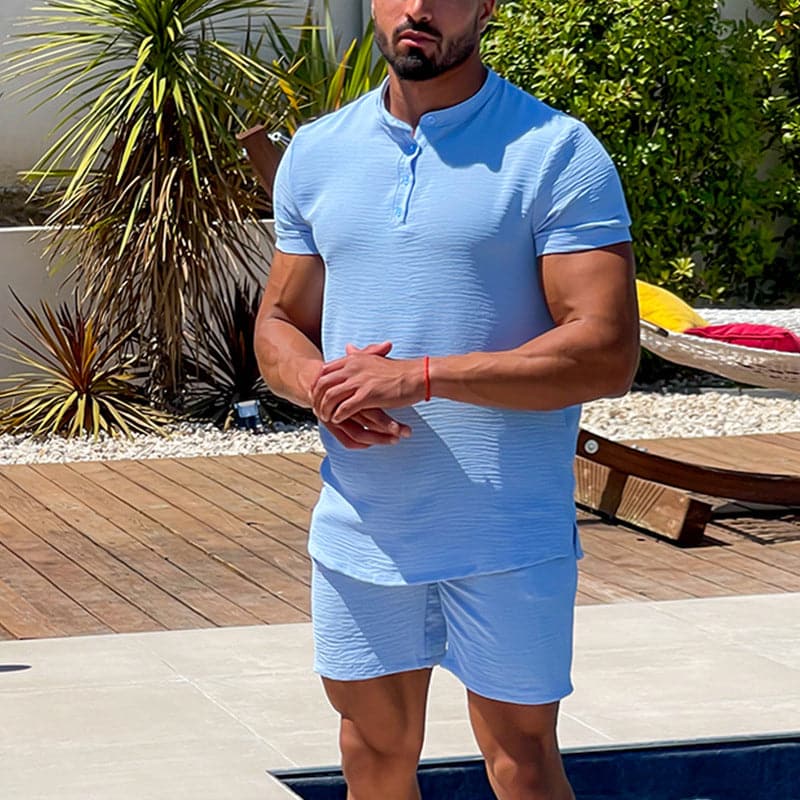 Herr Set – Kortärmad Henley T-Shirt & Shorts – Slim Fit – Andningsbart & Bekvämt