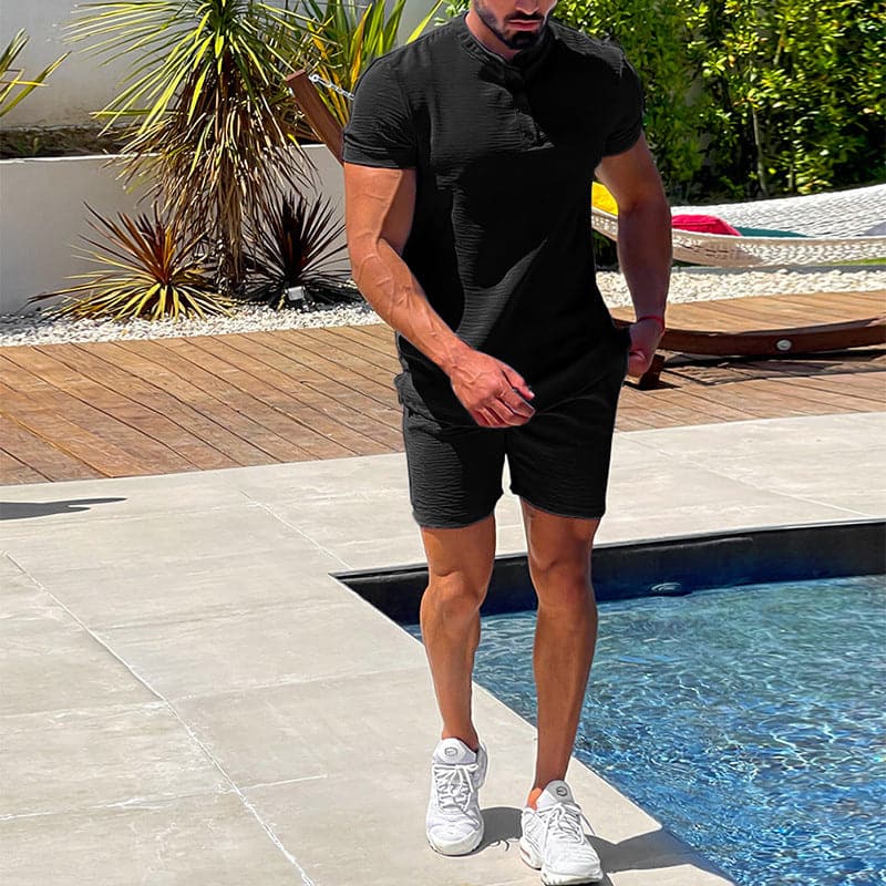 Herr Set – Kortärmad Henley T-Shirt & Shorts – Slim Fit – Andningsbart & Bekvämt