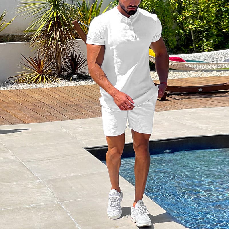 Herr Set – Kortärmad Henley T-Shirt & Shorts – Slim Fit – Andningsbart & Bekvämt