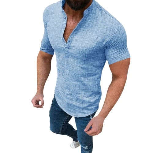 Herr Henley Skjorta - Mandarin Krage - Slim Fit - Kort Ärm - Casual Look